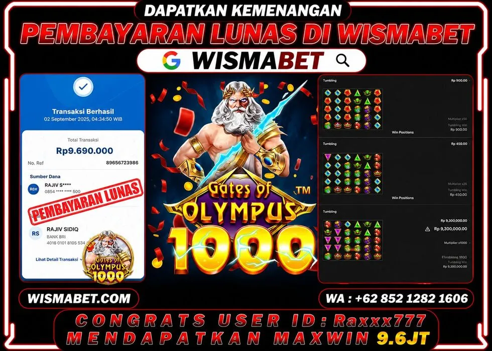 Wismabet - BUKTI KEMENANGAN Gates Of Olympus 1000 Rp9,690,000,- LUNAS